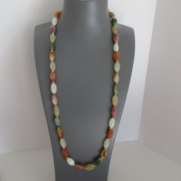 VINTAGE FAUX AMBER JADE STONE WITH GOLD BEADS STRAND NECKLACE 29" L, Never worn - Picture 1 of 6